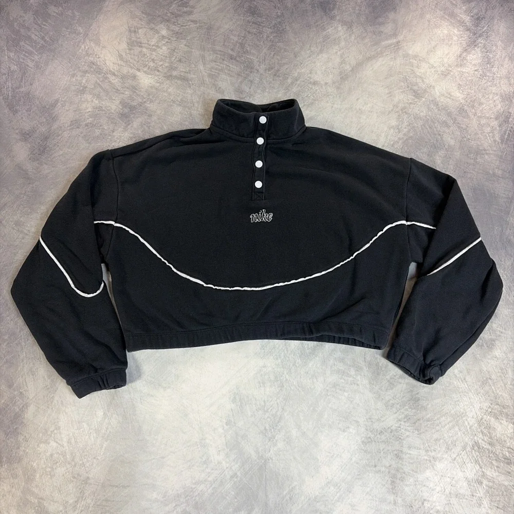 Nike Sweatshirt Womens XL Black Cropped Quarter Snap Mock Neck Piping Pullover